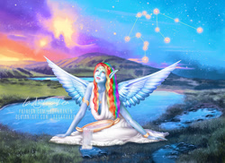 Size: 900x654 | Tagged: safe, artist:ladykraken, derpibooru import, rainbow dash, human, aquarius, clothes, constellation, dress, elf ears, humanized, pony coloring, solo, water, winged humanization, wings
