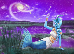 Size: 900x654 | Tagged: safe, artist:ladykraken, derpibooru import, trixie, human, mermaid, ball, capricorn, constellation, horn, horned humanization, humanized, night, pony coloring, solo