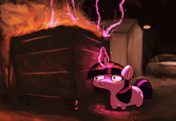 Size: 1815x1254 | Tagged: safe, derpibooru import, twilight sparkle, pony, unicorn, dumpster fire, female, fire, mare, solo, trash can, twiggie