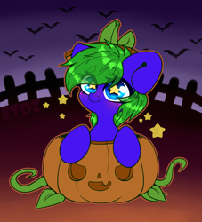 Size: 2000x2200 | Tagged: safe, artist:etoz, derpibooru import, oc, oc only, oc:aquagrass, bat, blushing, chibi, commission, cute, female, halloween, holiday, mare, pumpkin, smiling, starry eyes, stars, wingding eyes, ych result