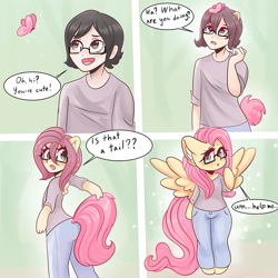 Size: 800x800 | Tagged: safe, artist:valeria_fills, derpibooru import, fluttershy, butterfly, human, pegasus, pony, semi-anthro, black hair, clothes, female, glasses, help me, human male, human to pony, jeans, magic, male, mare, pants, shirt, solo, surprised, t-shirt, transformation, transgender transformation