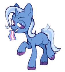 Size: 625x691 | Tagged: safe, artist:onionpwder, derpibooru import, trixie, pony, unicorn, bedroom eyes, female, flag, grin, mare, missing cutie mark, mouth hold, pride, pride flag, raised hoof, raised leg, simple background, smiling, solo, trans girl, trans mare, trans mare trixie, trans trixie, transgender, transgender pride flag, unshorn fetlocks, white background