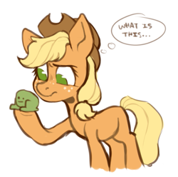 Size: 679x673 | Tagged: safe, artist:onionpwder, derpibooru import, applejack, earth pony, pony, applejack's hat, confused, cowboy hat, female, freckles, hat, hoof hold, mare, missing cutie mark, raised hoof, solo, thought bubble