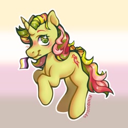 Size: 1048x1048 | Tagged: safe, artist:onionpwder, derpibooru import, mimic (g1), pony, unicorn, g1, blushing, mouth hold, nonbinary, nonbinary pride flag, pride, pride flag, solo