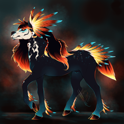 Size: 3000x3000 | Tagged: safe, artist:depixelator, derpibooru import, oc, earth pony, pony, beads, black sclera, cloven hooves, colorful, colors, commission, custom, día de los muertos, feather, feathery, flowy mane, food, glow, glowing eyes, glowing horn, glowing mane, head feathers, horn, irl, long mane, orange, photo, realistic, realistic anatomy, realistic horse legs, simple background, skull, skull face, standing, tail feathers, toy, unshaded