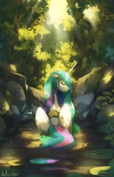 Size: 2650x4096 | Tagged: safe, artist:anticular, derpibooru import, princess celestia, alicorn, pony, bathing, crepuscular rays, eyes closed, female, floppy ears, forest, high res, lilypad, mare, scenery, smiling, solo, water, wet, wet mane