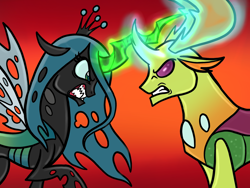 Size: 2048x1536 | Tagged: safe, alternate version, artist:melspyrose, derpibooru import, queen chrysalis, thorax, changedling, changeling, changeling queen, angry, glowing horn, gritted teeth, horn, king thorax, magic