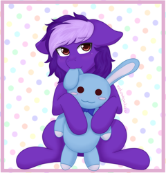 Size: 2250x2345 | Tagged: safe, artist:nekoshanka, derpibooru import, oc, pony, rabbit, adult foal, animal, biting, commission, cute, ear bite, finished commission, male, munching, plushie, purple, red eyes, solo, ych result