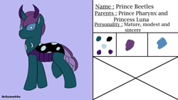 Size: 1280x720 | Tagged: safe, artist:schumette14, derpibooru import, oc, oc only, oc:beetles, changeling, changepony, hybrid, pony, next generation, offspring, parent:pharynx, parent:princess luna, parents:lunarynx