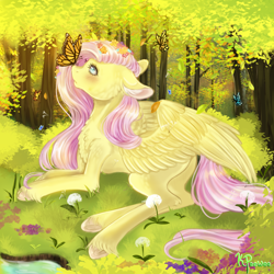 Size: 1000x1000 | Tagged: safe, artist:kiwi-peewee, derpibooru import, fluttershy, butterfly, pegasus, pony, blushing, butterfly on nose, cheek fluff, chest fluff, colored hooves, dandelion, ear fluff, female, floppy ears, flower, flower in hair, forest, grass, insect on nose, looking at something, looking up, lying down, mare, outdoors, peaceful, profile, prone, solo, spread wings, tree, unshorn fetlocks, wings