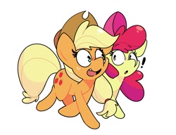Size: 2643x2032 | Tagged: safe, artist:kindakismet, derpibooru import, apple bloom, applejack, earth pony, pony, cute, duo, exclamation point, female, filly, high res, mare, open mouth, siblings, simple background, sisters, smiling, white background