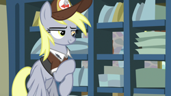 Size: 1280x720 | Tagged: safe, derpibooru import, screencap, derpy hooves, pegasus, pony, the break up breakdown, female, hat, mailmare, mailmare hat, mailmare uniform, mare, post office