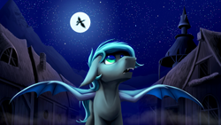 Size: 4365x2455 | Tagged: safe, artist:klarapl, derpibooru import, oc, oc:spark gap, bat pony, fanfic:fine print, bat pony oc, bat wings, fanfic art, full moon, illustration, moon, night, ponyville, stars, wings