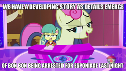 Size: 900x506 | Tagged: safe, derpibooru import, edit, edited screencap, screencap, bon bon, karen (pony life), sweetie drops, earth pony, pony, my little pony: pony life, the rarity report, spoiler:pony life s01e43, caption, female, image macro, karen, mare, news reporter, simple background, sitting, text, transparent background, treehouse logo