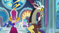 Size: 1920x1080 | Tagged: safe, derpibooru import, screencap, discord, princess celestia, princess luna, twilight sparkle, twilight sparkle (alicorn), alicorn, pony, the ending of the end, throne, throne room