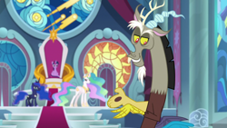 Size: 1920x1080 | Tagged: safe, derpibooru import, screencap, discord, princess celestia, princess luna, twilight sparkle, twilight sparkle (alicorn), alicorn, pony, the ending of the end, throne, throne room