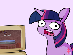 Size: 1984x1500 | Tagged: safe, artist:tjpones, derpibooru import, edit, twilight sparkle, computer, looking at you, minecraft, open mouth, reaction image, twilight's computer