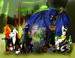 Size: 1024x792 | Tagged: safe, artist:adhiguna, artist:johnathon-matthews, derpibooru import, oc, oc only, oc:coppervain, oc:shadow fire, oc:shieldwing, pony, zebra, fallout equestria, amputee, battle saddle, commission, deviantart watermark, fallout, obtrusive watermark, prosthetic limb, prosthetics, watermark