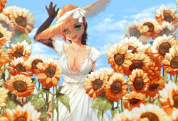 Size: 2280x1560 | Tagged: source needed, safe, artist:mashiro, derpibooru import, oc, oc only, anthro, anthro oc, clothes, commission, dress, female, flower, hat, mare, solo, straw hat, sundress, sunflower