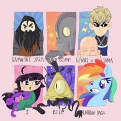 Size: 1080x1080 | Tagged: safe, artist:andreangeljllo, derpibooru import, rainbow dash, human, pegasus, pony, bald, beard, bill cipher, bust, crossover, eyelashes, facial hair, female, gravity falls, grin, male, mare, one punch man, samurai jack, six fanarts, smiling, the iron giant