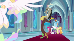 Size: 1280x720 | Tagged: safe, derpibooru import, screencap, applejack, discord, fluttershy, pinkie pie, princess celestia, rainbow dash, rarity, spike, alicorn, dragon, earth pony, pegasus, pony, unicorn, the ending of the end, winged spike