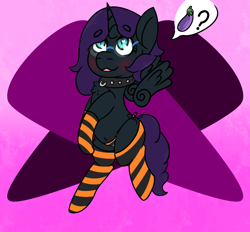 Size: 1078x1000 | Tagged: safe, artist:lazerblues, derpibooru import, oc, oc only, oc:mal, alicorn, blushing, choker, clothes, collar, eggplant, food, long socks, offspring, panties, parent:oc:nyx, socks, solo, striped socks, underwear