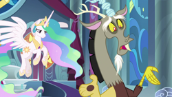 Size: 1920x1080 | Tagged: safe, derpibooru import, screencap, discord, princess celestia, alicorn, draconequus, pony, the ending of the end, throne, throne room