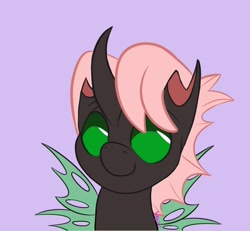 Size: 1300x1200 | Tagged: safe, artist:inkynotebook, derpibooru import, part of a set, oc, oc only, changeling queen, bust, changeling queen oc, commission, green changeling, purple background, simple background, smiling, solo, wings, ych result