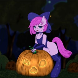 Size: 3000x3000 | Tagged: safe, artist:evlass, derpibooru import, oc, oc only, anthro, unguligrade anthro, anthro oc, chest fluff, clothes, commission, costume, cute, halloween, halloween costume, hat, leotard, pumpkin, smiley face, solo, thigh highs, witch hat, ych sketch