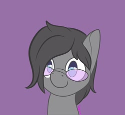 Size: 1300x1200 | Tagged: safe, artist:inkynotebook, derpibooru import, part of a set, oc, oc only, earth pony, pony, bust, commission, earth pony oc, glasses, purple background, simple background, smiling, solo, ych result