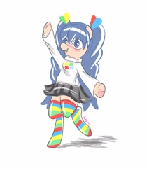 Size: 2500x2975 | Tagged: safe, artist:inkynotebook, derpibooru import, oc, oc only, earth pony, semi-anthro, blushing, clothes, commission, earth pony oc, rainbow socks, simple background, skirt, smiling, socks, solo, striped socks, waving, white background, ych result