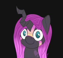 Size: 1300x1200 | Tagged: safe, artist:inkynotebook, derpibooru import, part of a set, oc, oc only, changeling queen, black background, bust, changeling queen oc, commission, purple changeling, signature, simple background, smiling, solo, ych result