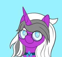 Size: 1300x1200 | Tagged: safe, artist:inkynotebook, derpibooru import, part of a set, oc, oc only, pony, unicorn, blue background, bust, choker, commission, glasses, horn, signature, simple background, smiling, solo, unicorn oc, ych result