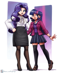 Size: 1806x2250 | Tagged: safe, artist:king-kakapo, derpibooru import, rarity, twilight sparkle, human, clothes, humanized, open mouth, shoes, skirt, stockings, thigh highs