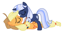 Size: 10844x5725 | Tagged: safe, artist:estories, derpibooru import, applejack, oc, oc:silverlay, earth pony, pony, canon x oc, eyes closed, female, kissing, lesbian, shipping, silverjack, simple background, transparent background, vector