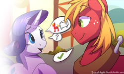 Size: 1400x842 | Tagged: safe, artist:braeburned, derpibooru import, big macintosh, rarity, earth pony, pony, unicorn, cart, conversation, deleted from derpibooru, explicit source, male, stallion, sweet apple secrets