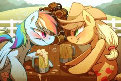 Size: 1200x800 | Tagged: safe, artist:braeburned, derpibooru import, applejack, rainbow dash, earth pony, pegasus, pony, blushing, cider, competition, contest, cowboy hat, dashaholic, deleted from derpibooru, drinking, drinking contest, drunk, drunk aj, drunker dash, duo, eye contact, female, hat, mare, pile, table