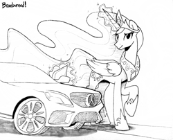 Size: 1280x1034 | Tagged: safe, artist:braeburned, derpibooru import, princess celestia, alicorn, pony, bedroom eyes, car, deleted from derpibooru, grayscale, looking at you, magic, mercedes-benz, monochrome, raised hoof, solo, supercar, telekinesis