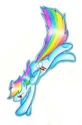 Size: 589x900 | Tagged: safe, artist:braeburned, derpibooru import, rainbow dash, pegasus, pony, crossed hooves, deleted from derpibooru, female, flying, mare, simple background, solo, traditional art, underhoof, white background