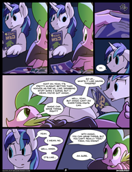 Size: 1082x1400 | Tagged: safe, artist:braeburned, derpibooru import, shining armor, spike, dragon, pony, unicorn, comic:comic relief, clothes, comic, comic book, deleted from derpibooru, explicit source, hoodie, older, older spike, saddle up 2: creature comforts, spikemor