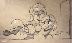 Size: 1280x772 | Tagged: safe, artist:braeburned, derpibooru import, oc, oc only, pony, deleted from derpibooru, ear bite, explicit source, gay, male, monochrome, nuzzling, sepia