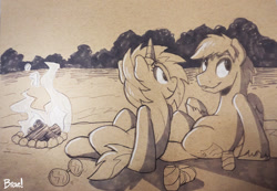 Size: 1280x884 | Tagged: safe, artist:braeburned, derpibooru import, dj pon-3, vinyl scratch, oc, pony, beach, bonfire, canon x oc, deleted from derpibooru, explicit source, monochrome, sepia, shipping, soda can