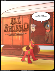 Size: 1256x1626 | Tagged: safe, artist:braeburned, artist:sidekick, derpibooru import, big macintosh, full steam, john bull, promontory, pony, comic:all aboard, comic, cute, deleted from derpibooru, male, railroad, saddle up!, stallion, stupid sexy promontory