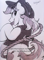 Size: 860x1184 | Tagged: safe, artist:braeburned, derpibooru import, braeburn, earth pony, pony, clothes, cute, deleted from derpibooru, grayscale, hat, lasso, looking back, monochrome, mouth hold, plot, project:harmonize, rear view, rope, sketch, solo, vest, watermark