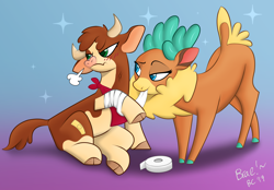 Size: 3000x2092 | Tagged: safe, artist:braeburned, artist:elite-bean-dip, derpibooru exclusive, derpibooru import, edit, arizona cow, velvet reindeer, cow, deer, them's fightin' herds, bandage, blushing, chest fluff, cloven hooves, community related, cute, deleted from derpibooru, female, injured, lesbian, mouth hold, shipping, velvezona