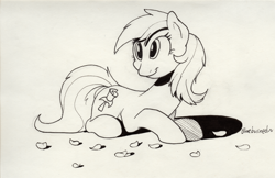 Size: 2550x1650 | Tagged: safe, artist:braeburned, derpibooru import, roseluck, earth pony, pony, black and white, deleted from derpibooru, flower, grayscale, lying down, monochrome, petals, rose, solo, traditional art