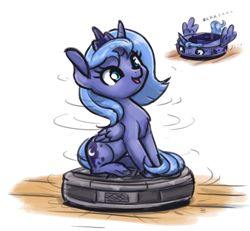 Size: 1000x922 | Tagged: safe, artist:king-kakapo, derpibooru import, princess luna, alicorn, pony, chest fluff, cute, female, filly, lunabetes, ponies riding roombas, roomba, s1 luna, solo, spinning, woona, younger