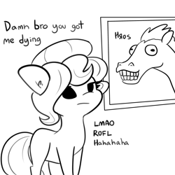 Size: 3000x3000 | Tagged: safe, artist:tjpones, derpibooru import, oc, oc only, oc:brownie bun, earth pony, pony, black and white, brownie bun is not amused, female, grayscale, hoers, lineart, mare, monochrome, sarcasm, simple background, solo, unamused, white background