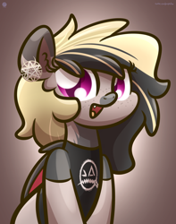 Size: 2560x3250 | Tagged: safe, artist:kimjoman, derpibooru import, oc, oc only, bat pony, pony, clothes, commission, cute, cute little fangs, ear piercing, earring, fangs, female, gradient background, jewelry, looking at you, mare, piercing, solo