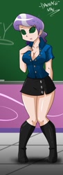 Size: 345x949 | Tagged: safe, artist:danmakuman, derpibooru import, diamond tiara, human, equestria girls, blouse, boots, breasts, chalkboard, classroom, cleavage, clothes, cropped, cute, diamond titiara, diamondbetes, ear piercing, earring, female, hairclip, human coloration, hypnosis, hypnotized, jewelry, legs, miniskirt, older, older diamond tiara, open mouth, piercing, school uniform, sexy, shoes, signature, skirt, solo, student, swirly eyes, trance